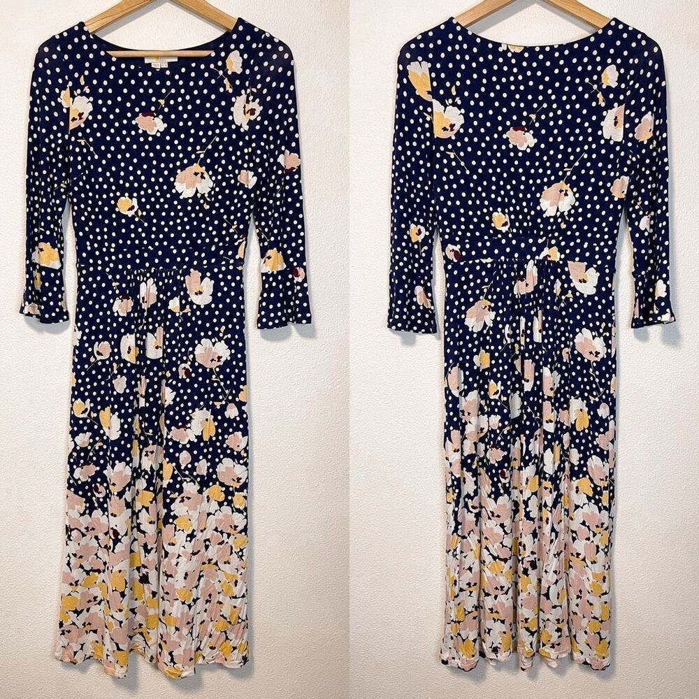 Boden Navy Painted Peony Dot Floral Blossom Jersey Midi Dress Size 6R